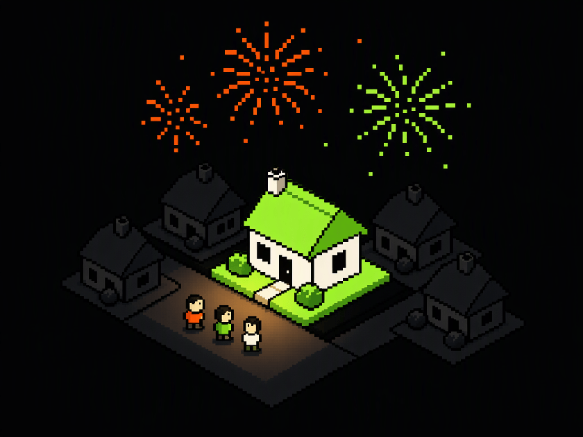 Fireworks over a house in the town
