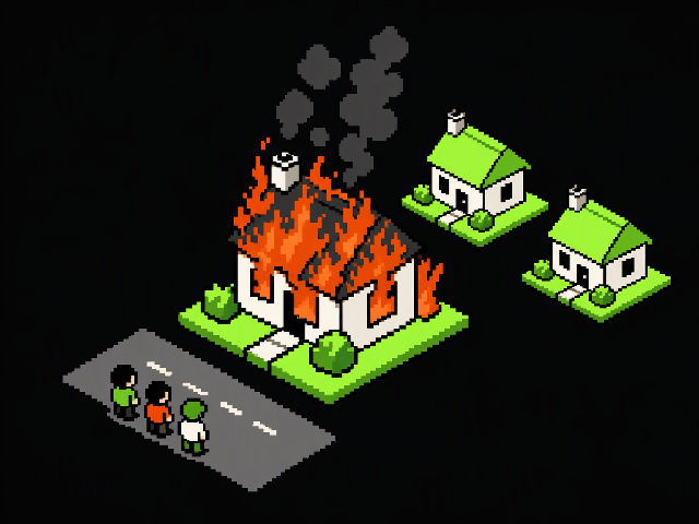 A house on fire with the neighbours watching